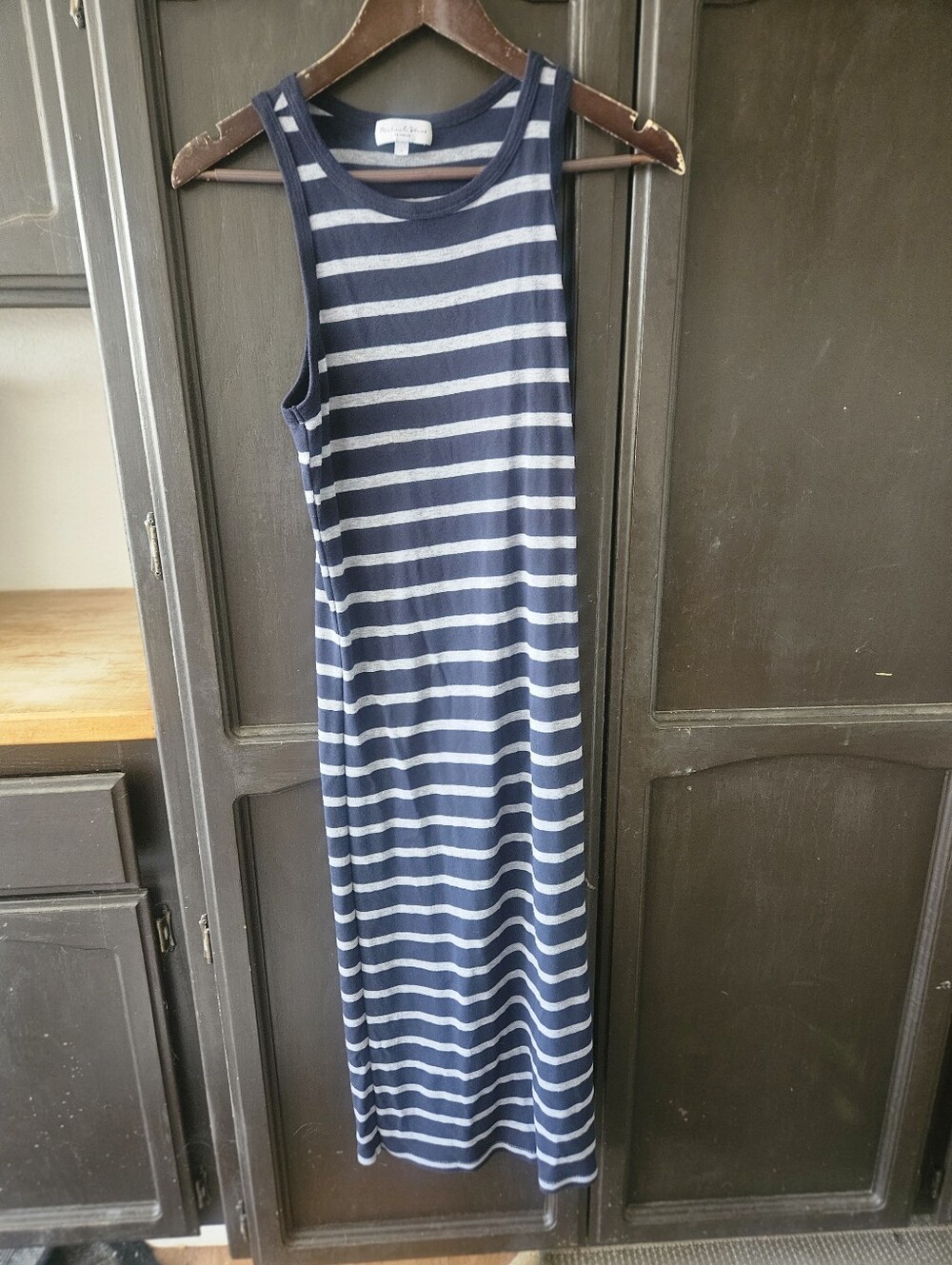 Michael Stars Sleeveless Bodycon Maxi Dress Side Slit Black & Gray Stripes
